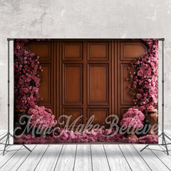 Aperturee - Pink Floral Brown Wooden Retro Wall Photo Backdrop