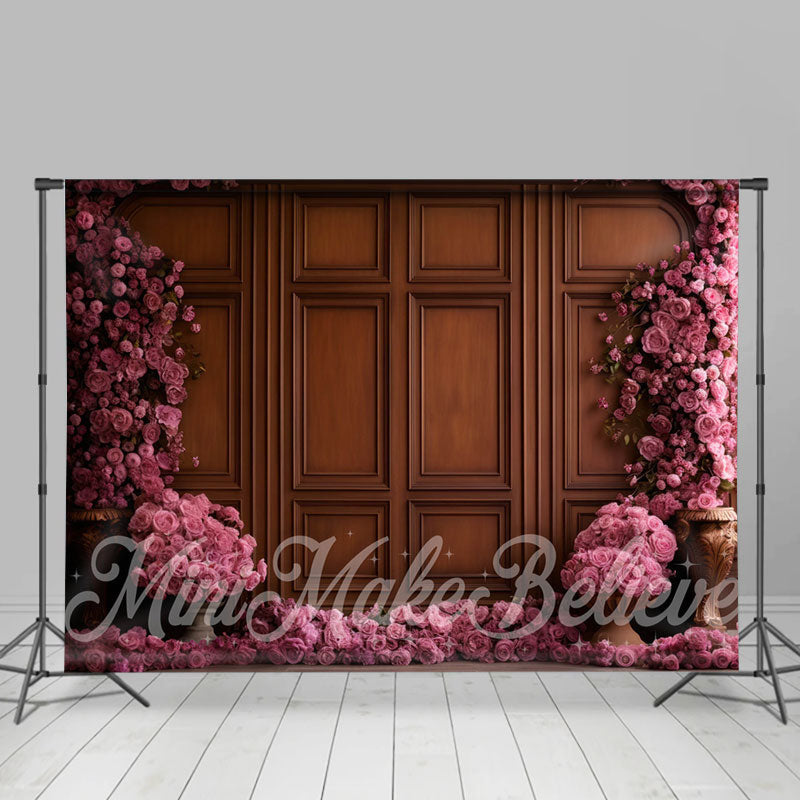 Aperturee - Pink Floral Brown Wooden Retro Wall Photo Backdrop