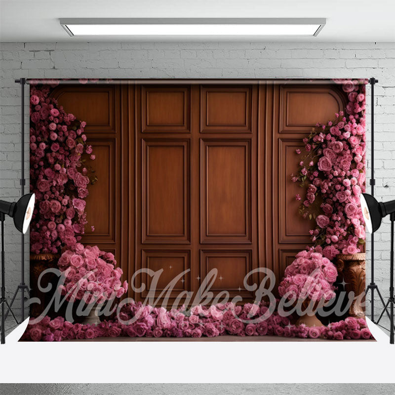 Aperturee - Pink Floral Brown Wooden Retro Wall Photo Backdrop