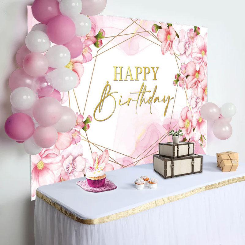 Aperturee - Pink Floral Bud Watercolor Happy Birthday Backdrop