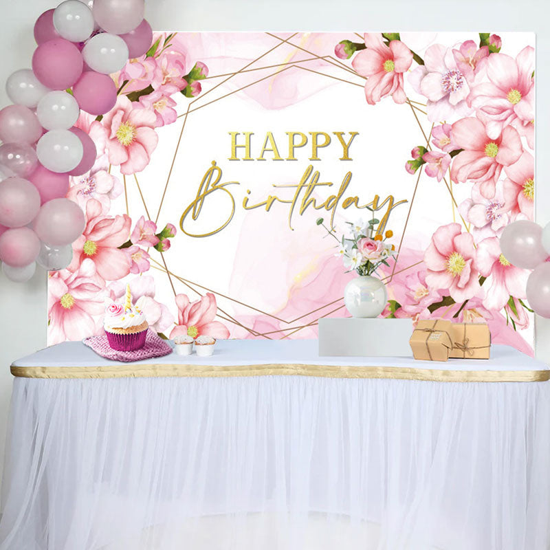 Aperturee - Pink Floral Bud Watercolor Happy Birthday Backdrop