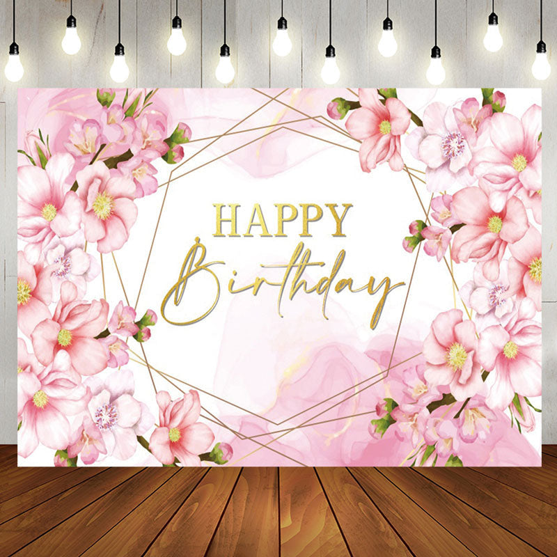 Aperturee - Pink Floral Bud Watercolor Happy Birthday Backdrop