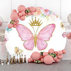 Aperturee - Pink Floral Butterfly Crown Round Birthday Backdrop