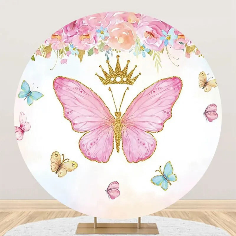 Aperturee - Pink Floral Butterfly Crown Round Birthday Backdrop