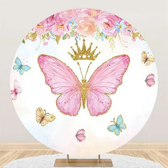 Aperturee - Pink Floral Butterfly Crown Round Birthday Backdrop