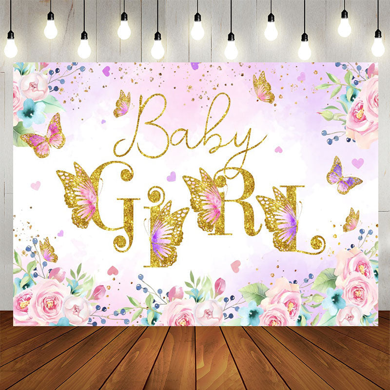 Aperturee - Pink Floral Butterfly Girls Baby Shower Backdrop