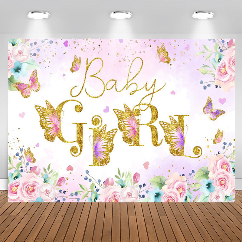 Aperturee - Pink Floral Butterfly Girls Baby Shower Backdrop