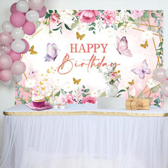 Aperturee - Pink Floral Butterfly Green Leaves Birthday Backdrop