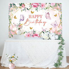 Aperturee - Pink Floral Butterfly Green Leaves Birthday Backdrop