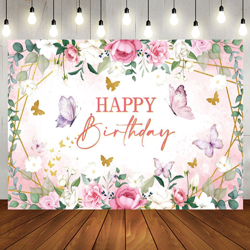 Aperturee - Pink Floral Butterfly Green Leaves Birthday Backdrop