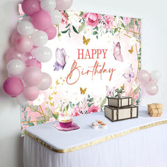 Aperturee - Pink Floral Butterfly Green Leaves Birthday Backdrop