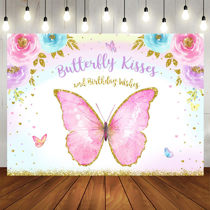 Aperturee - Pink Floral Butterfly Happy Birthday Party Backdrop