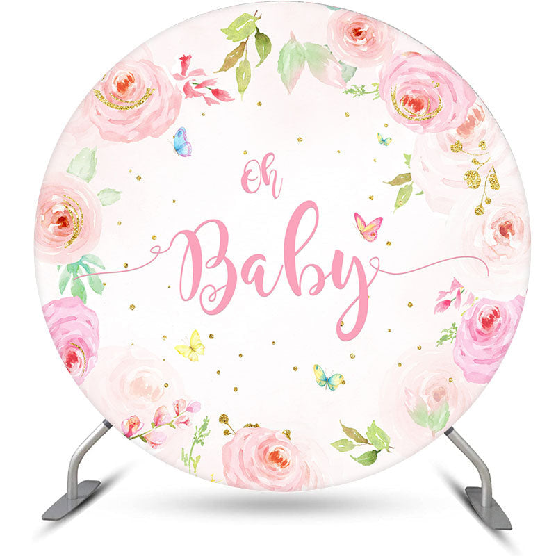 Aperturee - Pink Floral Butterfly Round Baby Shower Backdrop