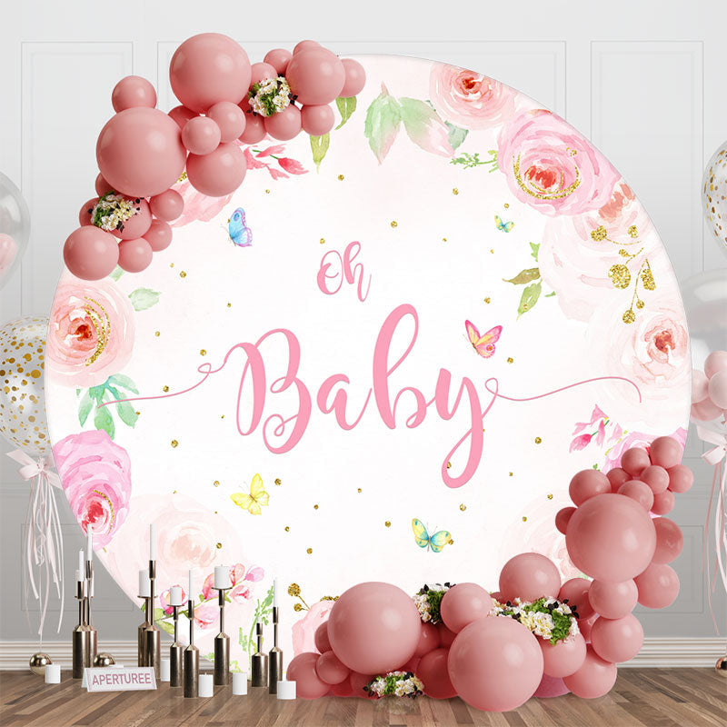 Aperturee - Pink Floral Butterfly Round Baby Shower Backdrop