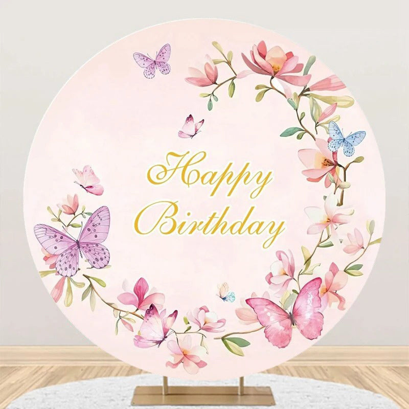 Aperturee - Pink Floral Butterfly Spring Round Birthday Backdrop