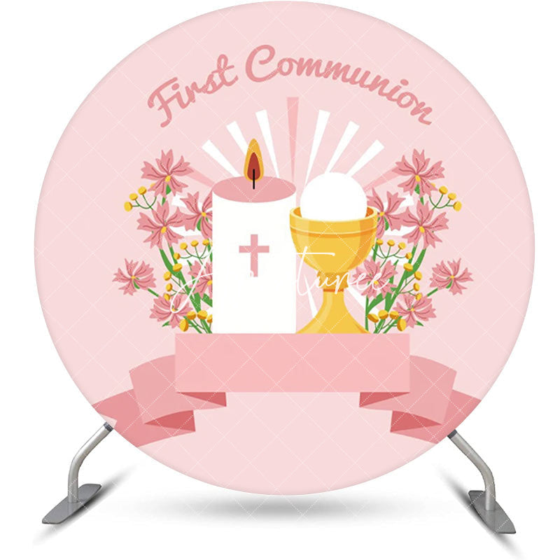 Aperturee - Pink Floral Candle First Communion Baptism Backdrop