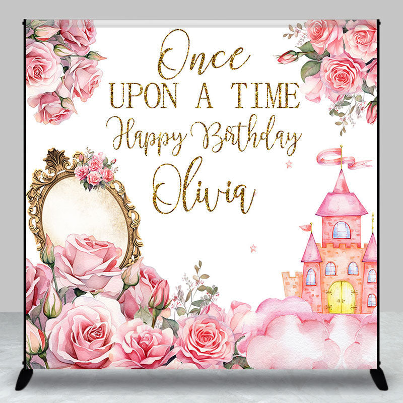 Aperturee - Pink Floral Castle Mirror Custom Birthday Backdrop