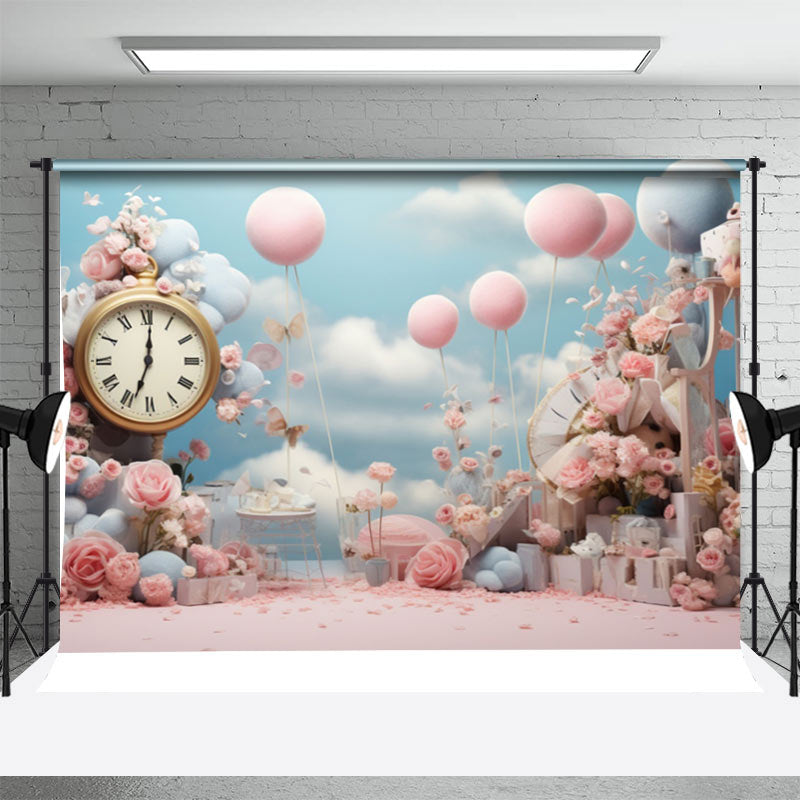 Aperturee - Pink Floral Clock Balloon Birthday Photo Backdrop