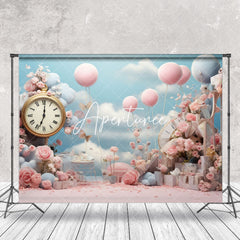 Aperturee - Pink Floral Clock Balloon Birthday Photo Backdrop