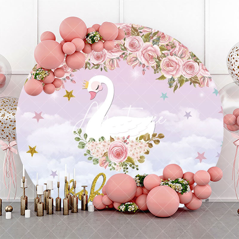 Aperturee - Pink Floral Cloud Swan Round Baby Shower Backdrop