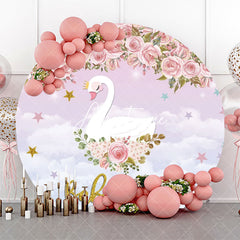 Aperturee - Pink Floral Cloud Swan Round Baby Shower Backdrop