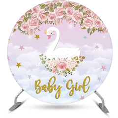 Aperturee - Pink Floral Cloud Swan Round Baby Shower Backdrop