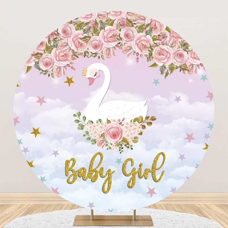 Aperturee - Pink Floral Cloud Swan Round Baby Shower Backdrop