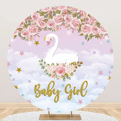 Aperturee - Pink Floral Cloud Swan Round Baby Shower Backdrop