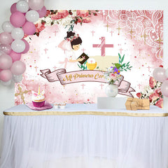 Aperturee - Pink Floral Cross Pattern Baptism Backdrop For Girls