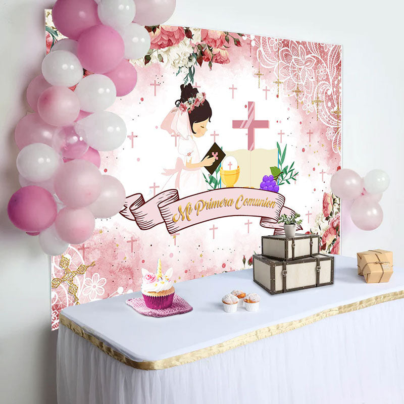 Aperturee - Pink Floral Cross Pattern Baptism Backdrop For Girls