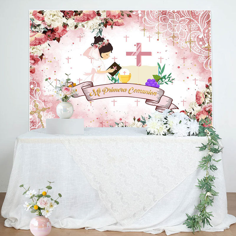 Aperturee - Pink Floral Cross Pattern Baptism Backdrop For Girls