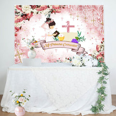 Aperturee - Pink Floral Cross Pattern Baptism Backdrop For Girls