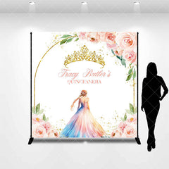 Aperturee - Pink Floral Crown Custom Name Quinceanera Backdrop