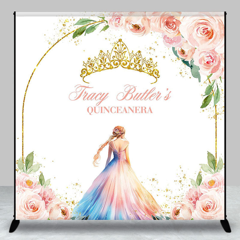 Aperturee - Pink Floral Crown Custom Name Quinceanera Backdrop