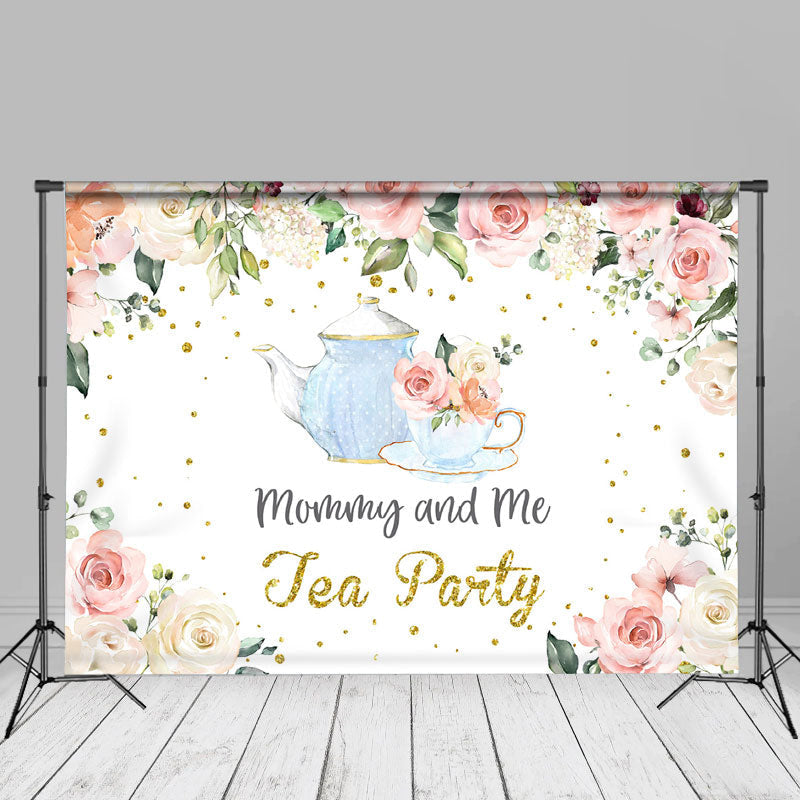 Aperturee - Pink Floral Cups Mothers Day Backdrop For Tea Party