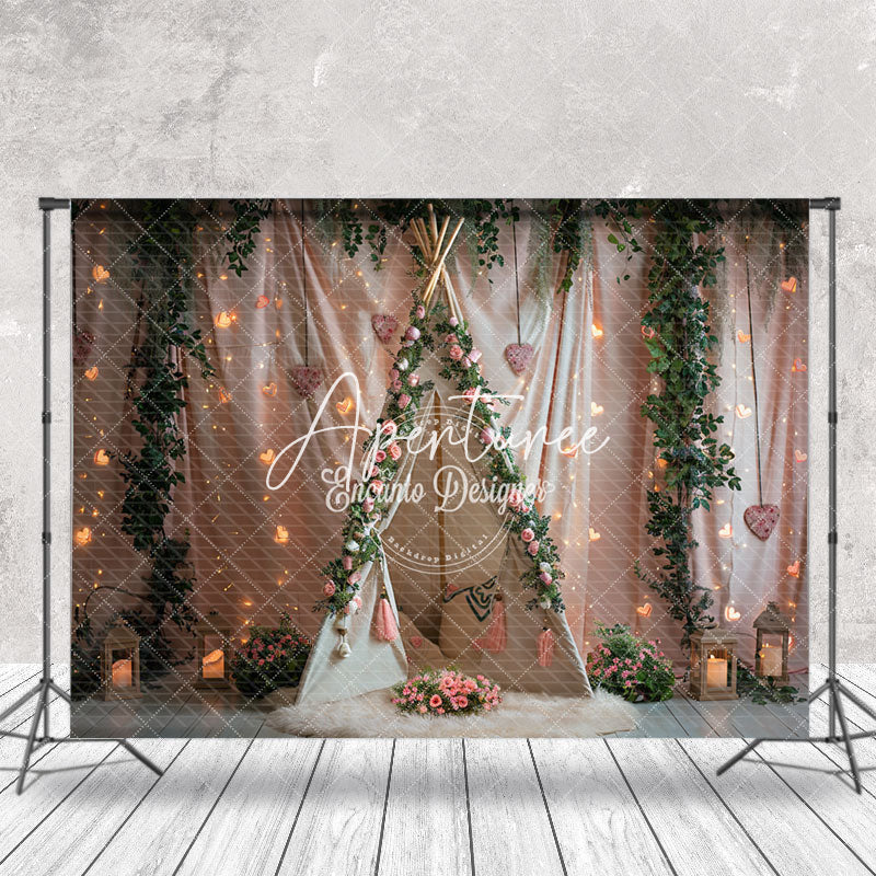 Aperturee - Pink Floral Curtain Tent Greenery Wedding Backdrop