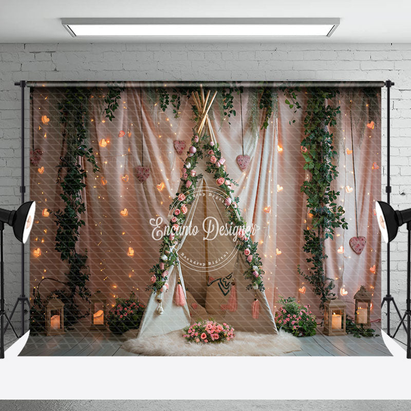 Aperturee - Pink Floral Curtain Tent Greenery Wedding Backdrop