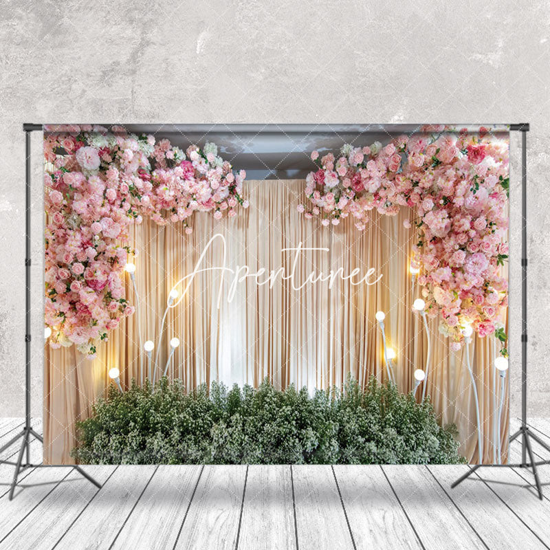 Aperturee - Pink Floral Curtain Valentines Day Photo Backdrop