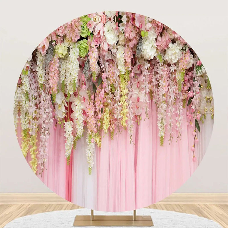 Aperturee - Pink Floral Curtain White Round Wedding Backdrop