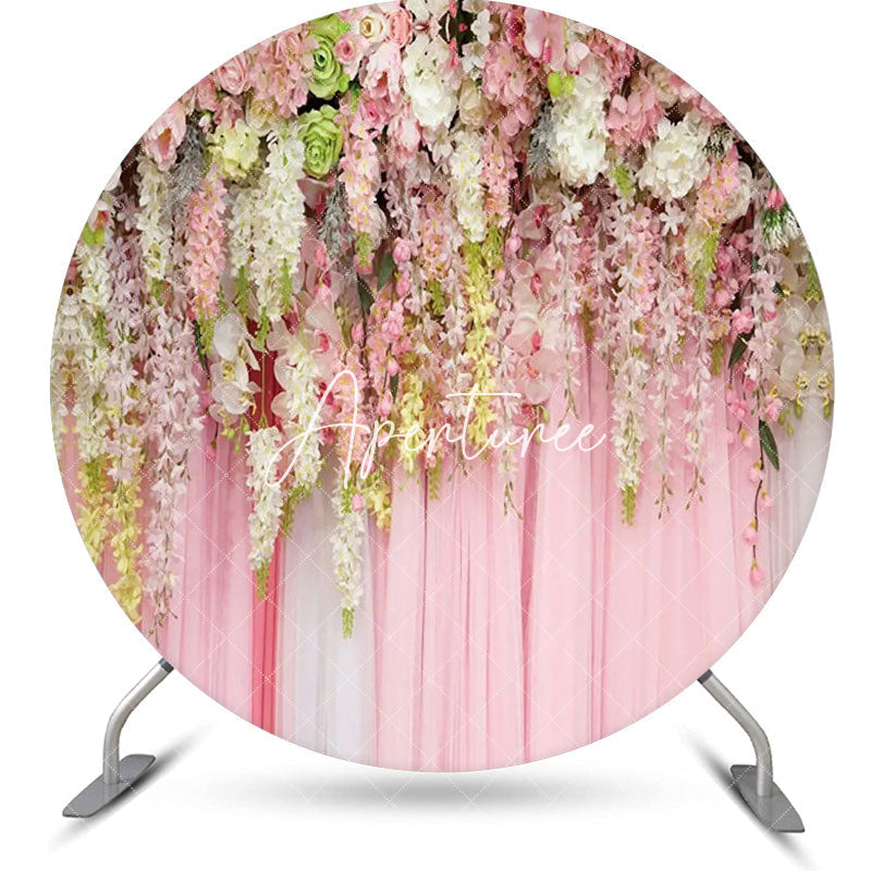 Aperturee - Pink Floral Curtain White Round Wedding Backdrop