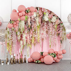 Aperturee - Pink Floral Curtain White Round Wedding Backdrop