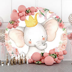 Aperturee - Pink Floral Cute Elephant Round Baby Shower Backdrop