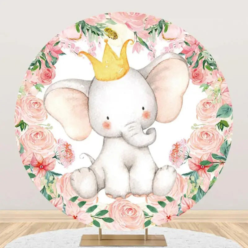 Aperturee - Pink Floral Cute Elephant Round Baby Shower Backdrop