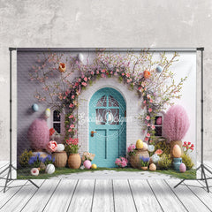 Aperturee - Pink Floral Cyan Door Egg Easter Backdrop For Photo