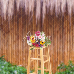 Aperturee - Pink Floral Dark Bamboo With Grass Wood Wall Backdrop