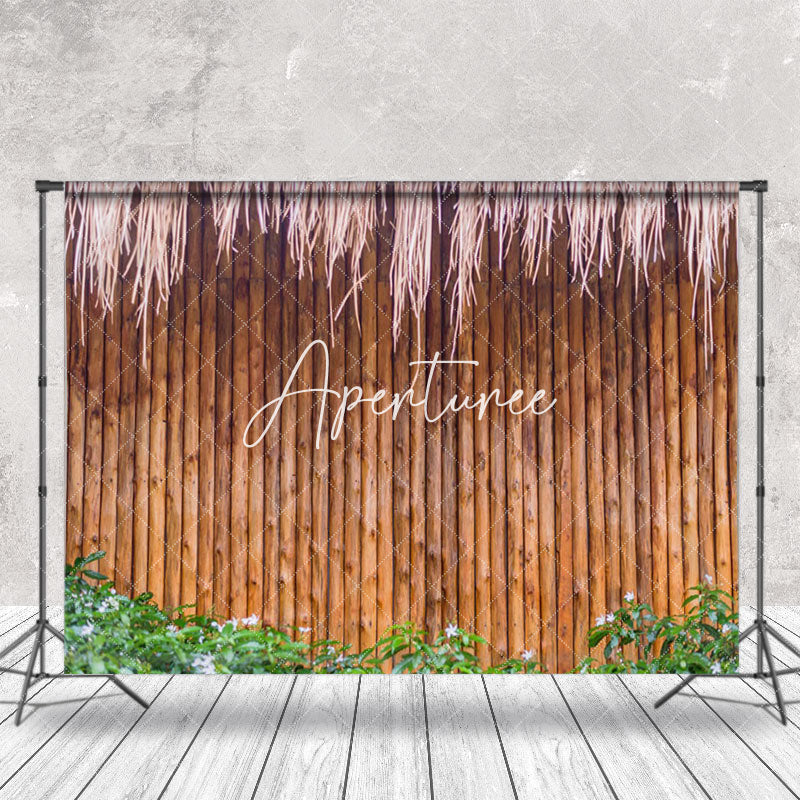 Aperturee - Pink Floral Dark Bamboo With Grass Wood Wall Backdrop