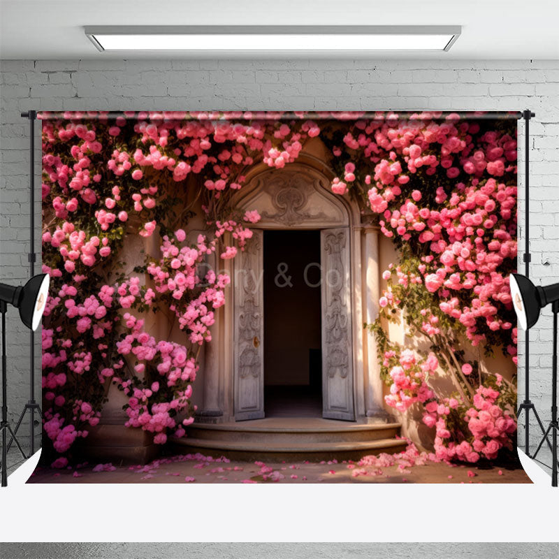 Aperturee - Pink Floral Door Spring Backdrops For Photo Booth