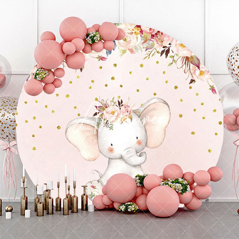 Aperturee - Pink Floral Dot Elephant Round Baby Shower Backdrop