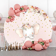 Aperturee - Pink Floral Dot Elephant Round Baby Shower Backdrop