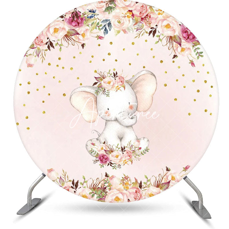 Aperturee - Pink Floral Dot Elephant Round Baby Shower Backdrop